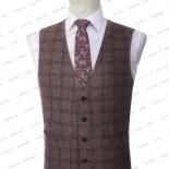 2023 Men Suit Coffee Check Pattern Double Breasted Peaked Lapel Formal Business Meetings Set Tuxedo Coat Vest Pants