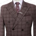 2023 traje de hombre con patrón de cuadros de café, doble botonadura, solapa con visera, conjunto Formal para reuniones de negoc