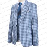 2023 Men Suits 3 Pieces Blue Check Pattern Coat Pants Vest Single Breasted Peaked Lapel Slim Fit Wedding Groom Sets