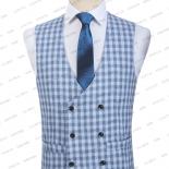 2023 Men Suits 3 Pieces Blue Check Pattern Coat Pants Vest Single Breasted Peaked Lapel Slim Fit Wedding Groom Sets