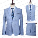 2023 Men Suit 3 Pieces Baby Blue Check Pattern Formal Business Sets Wedding Blazer Prom Tuxedo Single Breasted
