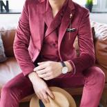  Business Groom Tuxedo Suit Blazer And Apnt Wine Red Grey Luxury Velvet Suit Men Costume Mariage Homme (jacket+vest+pant