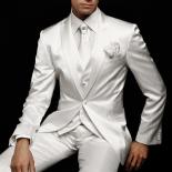White Wedding Mens Suit For Groom Tuxedos  Slim Fit Prom Party Custom Satin Men Suits 3 Piece Jacket Pants Vest Male Clo