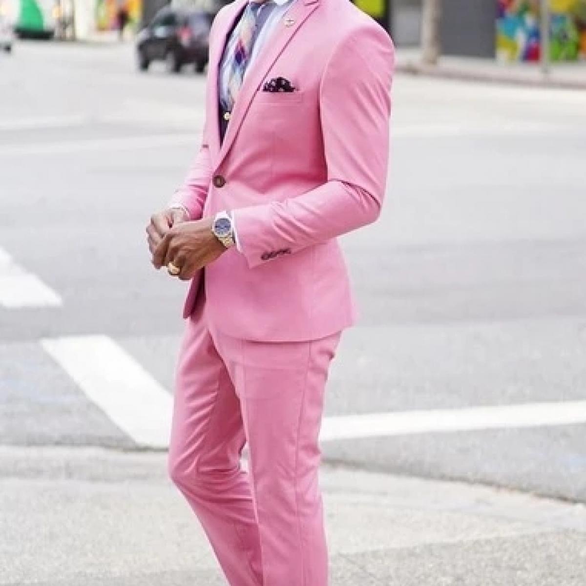 Traje de ocio cómodo para hombre, traje rosa intenso de 2 piezas (chaqueta, pantalones y corbata), Terno, abrigo, pantalones, di
