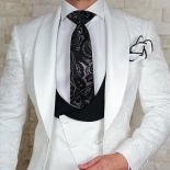 White Floral Wedding Tuxedo For Groom 3 Piece Slim Fit Double Breasted Waistcoat Jacket With Black Pants Male Fashion Co
