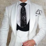 Esmoquin de boda Floral blanco para novio, chaqueta de chaleco de doble botonadura ajustada de 3 piezas con pantalones negros, m