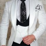 Esmoquin de boda Floral blanco para novio, chaqueta de chaleco de doble botonadura ajustada de 3 piezas con pantalones negros, m