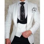 White Floral Wedding Tuxedo For Groom 3 Piece Slim Fit Double Breasted Waistcoat Jacket With Black Pants Male Fashion Co