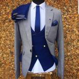 3 Piece Gray Wedding Tuxedo For Men Formal Suits Set Jacket Double Breasted Waistcoat With Royal Blue Pants Male Fashion