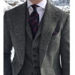 Gray Wool Tweed Men Suits For Winter Wedding Formal Groom Tuxedo 3 Piece Herringbone Male Fashion Set Jacket Vest With P