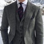 Gray Wool Tweed Men Suits For Winter Wedding Formal Groom Tuxedo 3 Piece Herringbone Male Fashion Set Jacket Vest With P