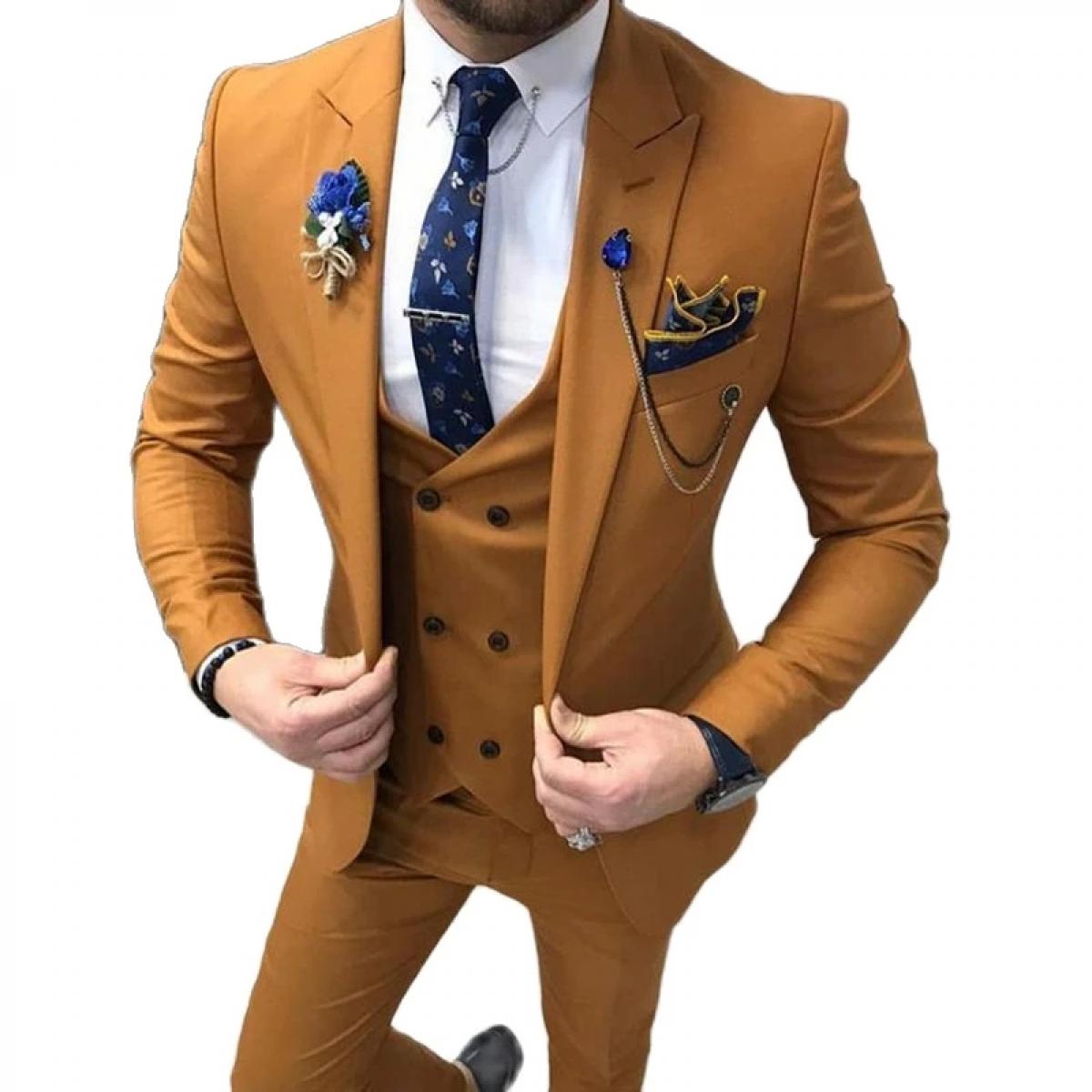 3 Piece Slim Fit Men Suits Casual Style Brown Male Fashion Wedding Tuxedo For Groomsmen Dinner Jacket With Vest Pants El