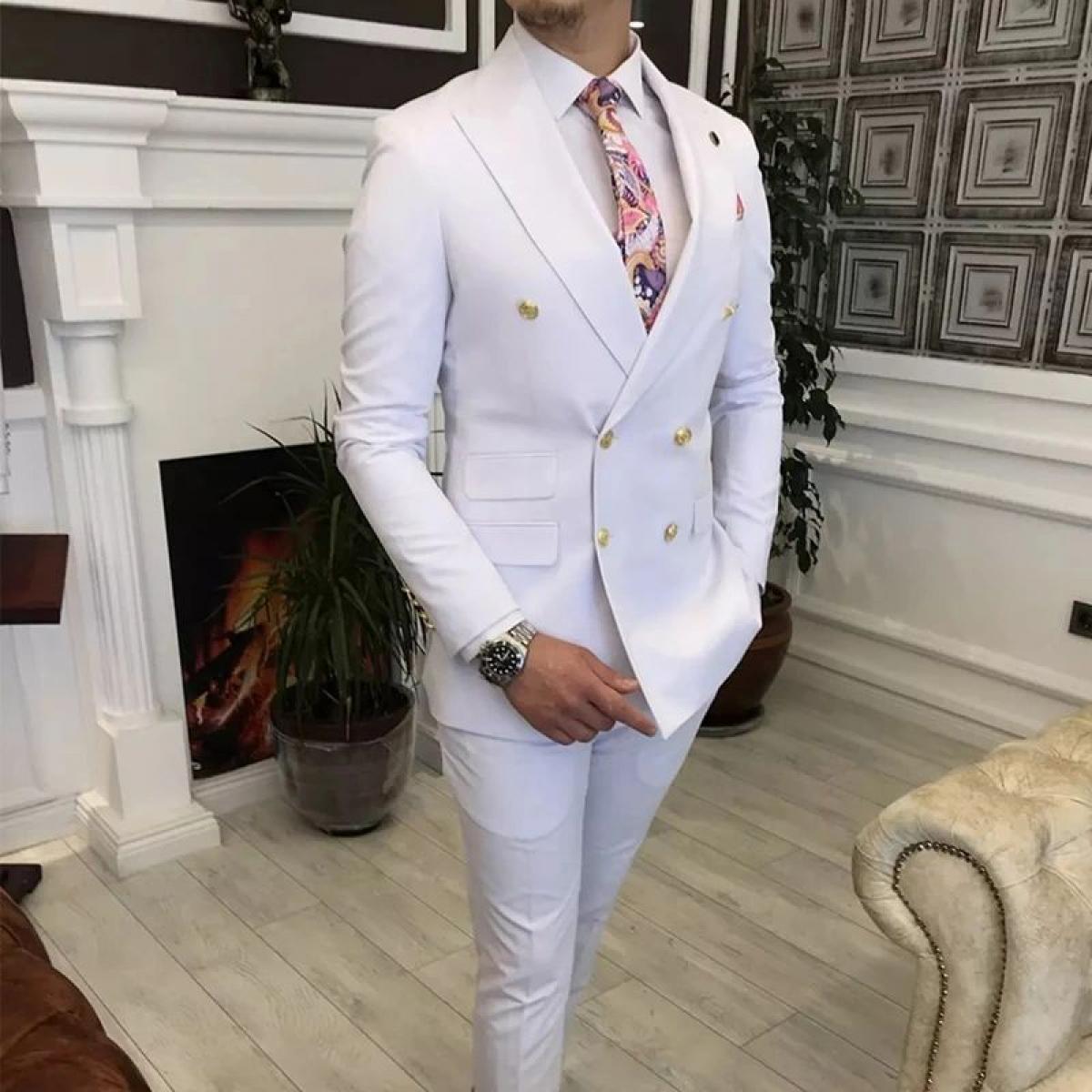 Double Breasted White Men Suits With Peaked Lapel Slim Fit 2 Piece Wedding Tuxedo Man Fashion Male Prom Costume Jacket P