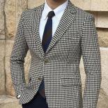 Houndstooth Plaid Casual Blazer For Men One Piece Suit Jacket With 2 Side Slit Slim Fit Male Coat Fashion Clothes New Ar