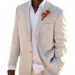 Beige Linen Men's Suits For Summer Beach Wedding 2 Piece Italian Coat Set Jacket With Pants Bespoke Groom Tuxedos Male F