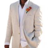 Beige Linen Men's Suits For Summer Beach Wedding 2 Piece Italian Coat Set Jacket With Pants Bespoke Groom Tuxedos Male F