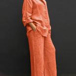 Camicia da donna con risvolto in lino autunnale, set da due pezzi, camicetta vintage a maniche lunghe con bottoni e pantaloni dr