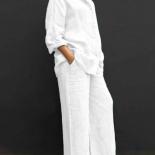 Camicia da donna con risvolto in lino autunnale, set da due pezzi, camicetta vintage a maniche lunghe con bottoni e pantaloni dr