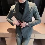Men's Double Breasted Striped Casual Suit Set With Lapel Collar, And Slim Fit Blazer