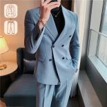 Men's Double Breasted Striped Casual Suit Set With Lapel Collar, And Slim Fit Blazer
