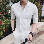 (suit Set: Shirt + Pants)striped Double Breasted Shirt And Cropped Pants Two Piece Set For Men's Spring And Summer Fashi
