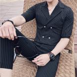 (suit Set: Shirt + Pants)striped Double Breasted Shirt And Cropped Pants Two Piece Set For Men's Spring And Summer Fashi