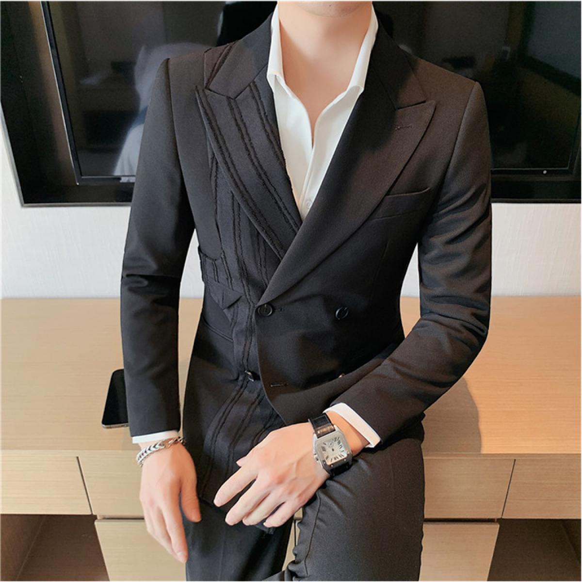 Men's Slim Fit Double Breasted Suit Jacket With Striped Patchwork, Casual Business Suit Coat With Double Vents