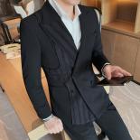 Men's Slim Fit Double Breasted Suit Jacket With Striped Patchwork, Casual Business Suit Coat With Double Vents