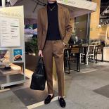 2023 Men's Woolen Suit 2 Pcs Set   Slim Fit One Button British  Style 2pcs Suit Set Blazer And Pants, Khaki, Autumn/wint