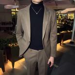 2023 Men's Woolen Suit 2 Pcs Set   Slim Fit One Button British  Style 2pcs Suit Set Blazer And Pants, Khaki, Autumn/wint