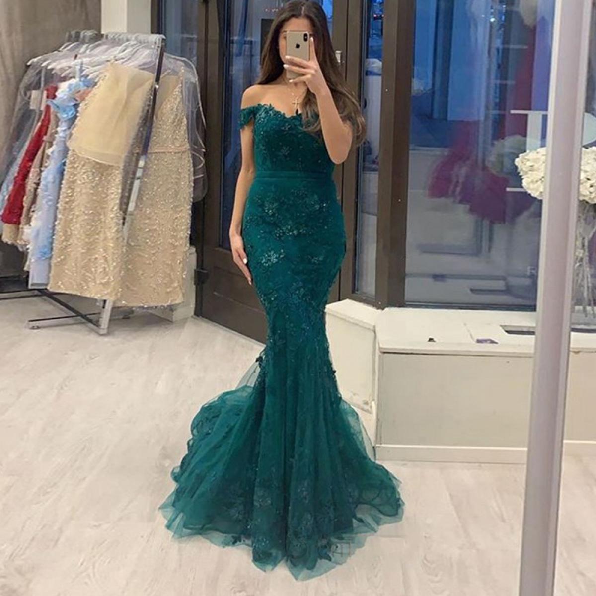 Green Mermaid Lace Evening Dresses Party Elegant 2023 Off The Shoulder Prom Gown Detachable Train Long Formal Dress
