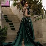 Dark Green Moroccan Caftan Velvet Evening Dress Appliqued Lace Outfit Prom Gowns Dubai Arabic Women Party Dresses