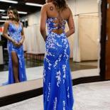 2023 Glitter Blue Tulle Prom Dresses White Lace Appliques  V Neck Mermaid Spaghetti Straps Women Formal Evening Party Go