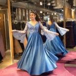Royal Blue Long Sleeve Evening Dresses 2022 A Line Lace Appliques Sequins Shiny Party Prom Gown Satin V Neck Floor Lengt