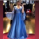 Royal Blue Long Sleeve Evening Dresses 2022 A Line Lace Appliques Sequins Shiny Party Prom Gown Satin V Neck Floor Lengt
