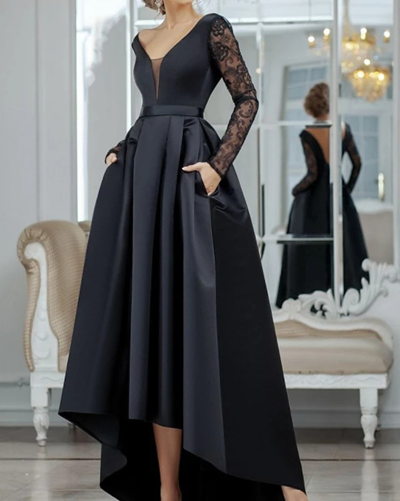 Design Black Long Frock Dress Black Dresses Satin Expensive Evening Gowns  Sexy Black Long Sleeves Sequined
