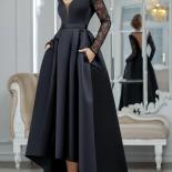 Elegant Black V Neck Long Sleeves Evening Dress Hi Lo Train Lace Satin Formal Prom Party Gowns Robe De Soriee With Pocke