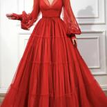 2023 New Red Muslim Formal Dress A Line Full Sleeves  V Neck Tulle Islamic Dubai Saudi Arabic Evening Gown Long Prom Dre