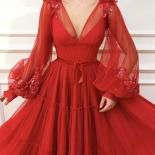2023 New Red Muslim Formal Dress A Line Full Sleeves  V Neck Tulle Islamic Dubai Saudi Arabic Evening Gown Long Prom Dre