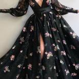Black  Evening Dresses Long Sleeves V Neck Appliques Lace Flowers Split Slit Formal Party Gowns Women's Evening Dress 20