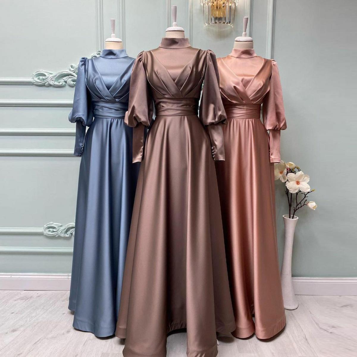 US 188.09 Elegant A Line Satin Hijab Evening Gowns Long Sleeve Muslim Formal Prom Dresses Simple Abiye Gece Elbisesi Abendkleider Description