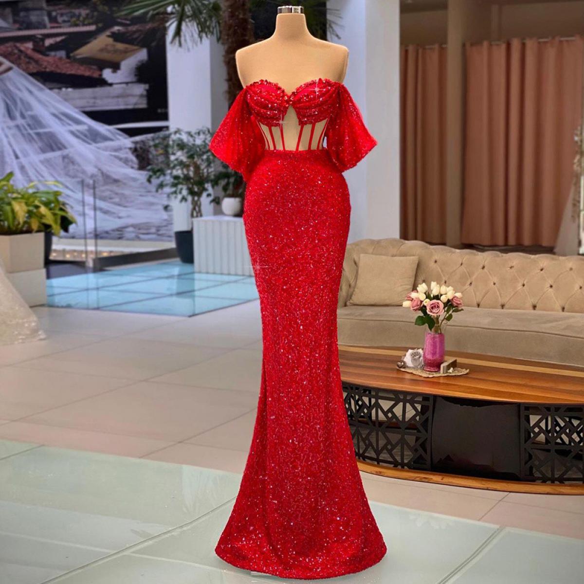  Red Off The Shoulder Evening Dresses Illusion Bodice Ruched Sweetheart Glitter Sequins Mermaid Formal Party Long Prom G