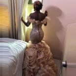 Off Shoulder Aso Ebi Mermaid Evening Dress African Prom Dresses 2023 Sequins Tassels Tiers Organza Formal Party Gowns Pl