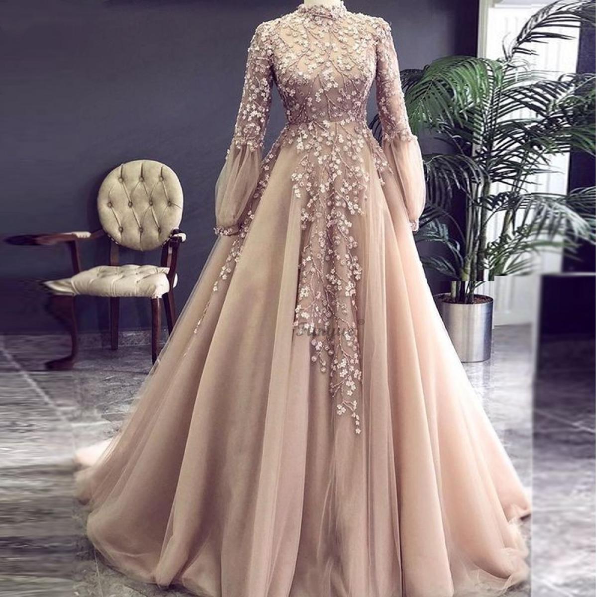 Champagne Arabic Muslim Evening Dresses Long Sleeves Appliques Flowers Beading Party Gowns A Line Tulle Formal Prom Dres