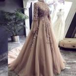 Champagne Arabic Muslim Evening Dresses Long Sleeves Appliques Flowers Beading Party Gowns A Line Tulle Formal Prom Dres