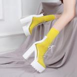 Women's Thick Platform Pvc Ankle Boots Square Chunky High Heels White Round Toe Female Shoes Concise Modern Casual Offic