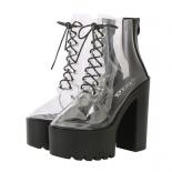 Women's Thick Platform Pvc Ankle Boots Square Chunky High Heels White Round Toe Female Shoes Concise Modern Casual Offic