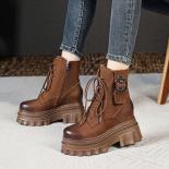 New Retro Lace Up British Style Motorcycle Boots Women Round Toe Thick Sole High Heels Ankle Boots Female Casual Shoes E
