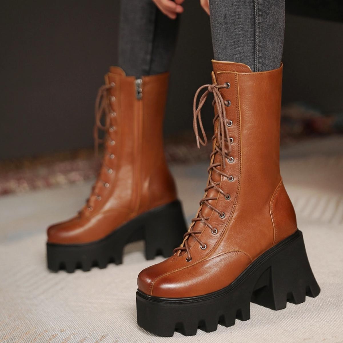Autumn Platform Mid Calf Boots Women Genuine Leather Thick High Heels Motorcycle Boots Female Square Toe Fashion Shoes E