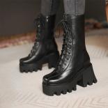 Botas de media pantorrilla con plataforma de otoño para mujer, botas de moto de tacón alto y grueso de cuero genuino, zapatos de